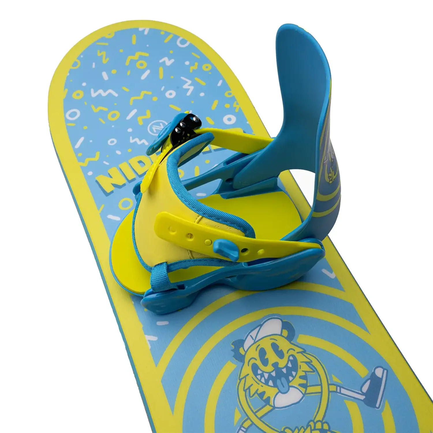 Kinder-Snowboard, Bindung, Blau-gelb, Zeichentrickmuster, Ratschenverschluss