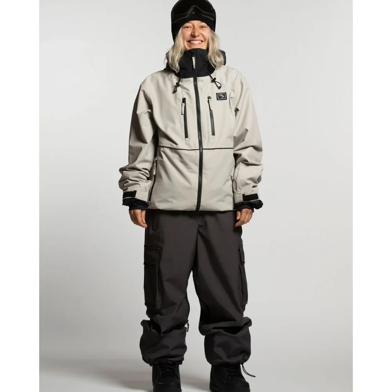 Veste de ski, veste de snowboard, gris clair, capuche, poches zippées