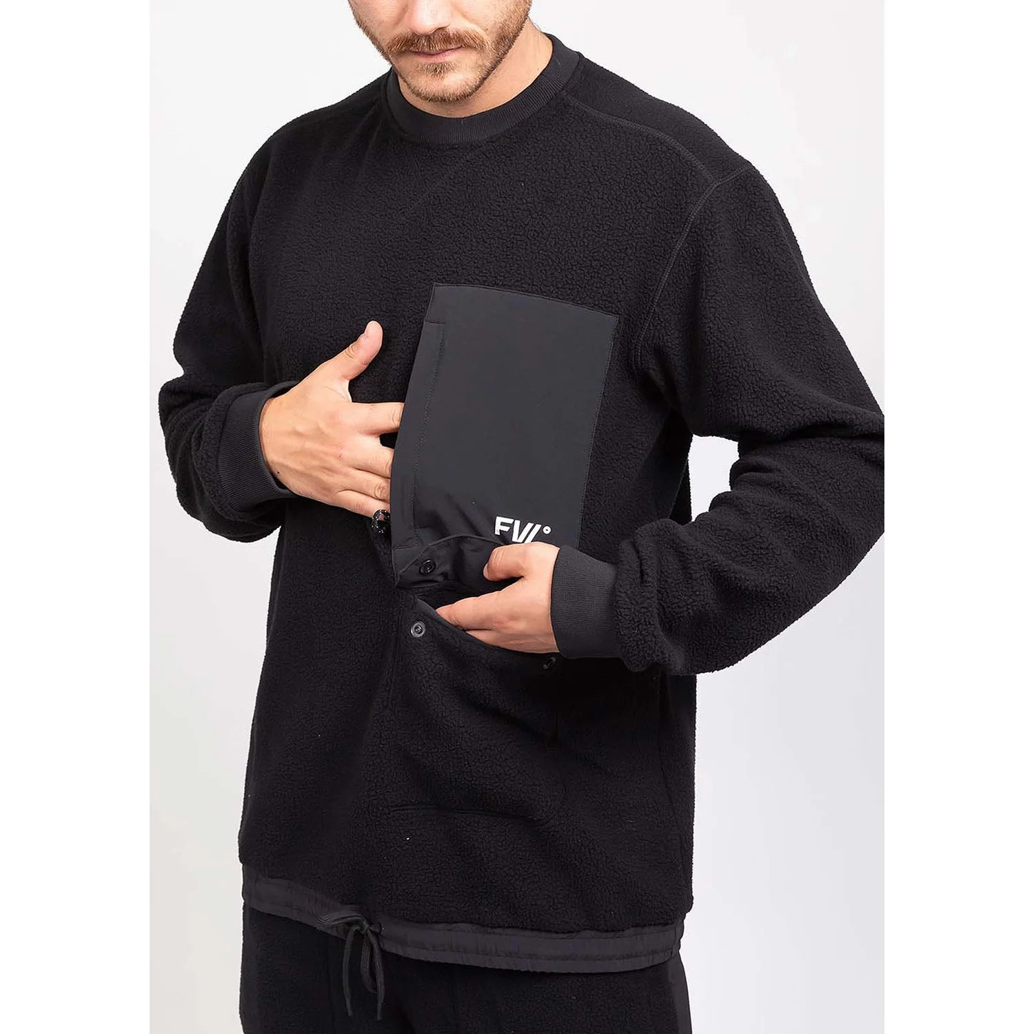 Root Sherpa Crew Herrenpullover, Fleece, Schwarz, Rundhalsausschnitt, Brusttasche