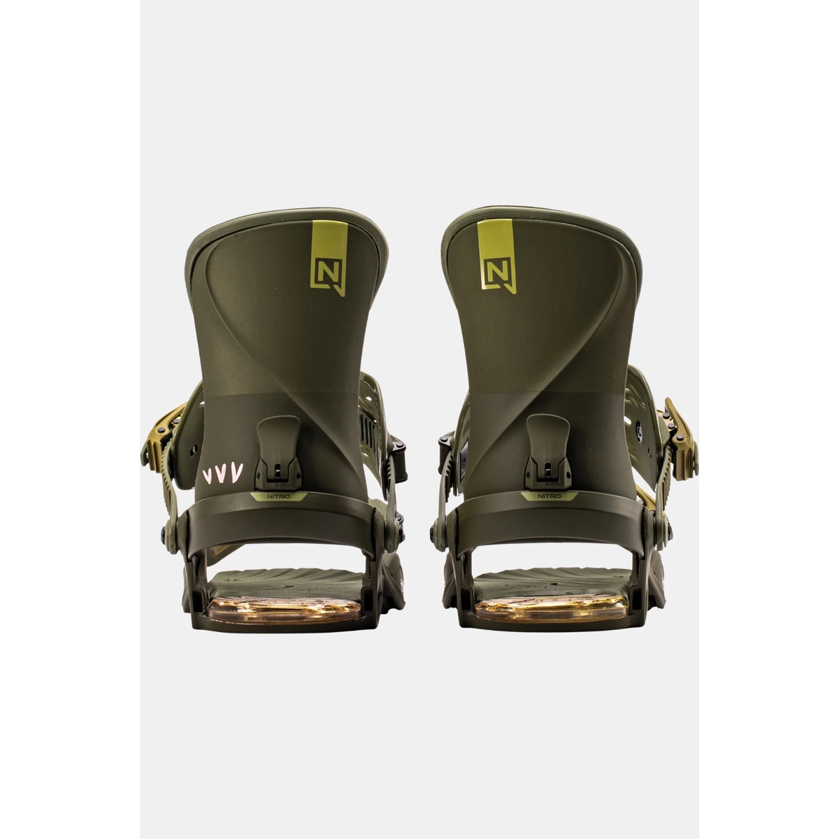 Snowboard-Bindungen, Highbacks, Grün, Verstellbare Riemen, NITRO-Logo, Snowboard Bindings, Rückansicht, Grün, Verstellbare Bindungen, Fußgurte