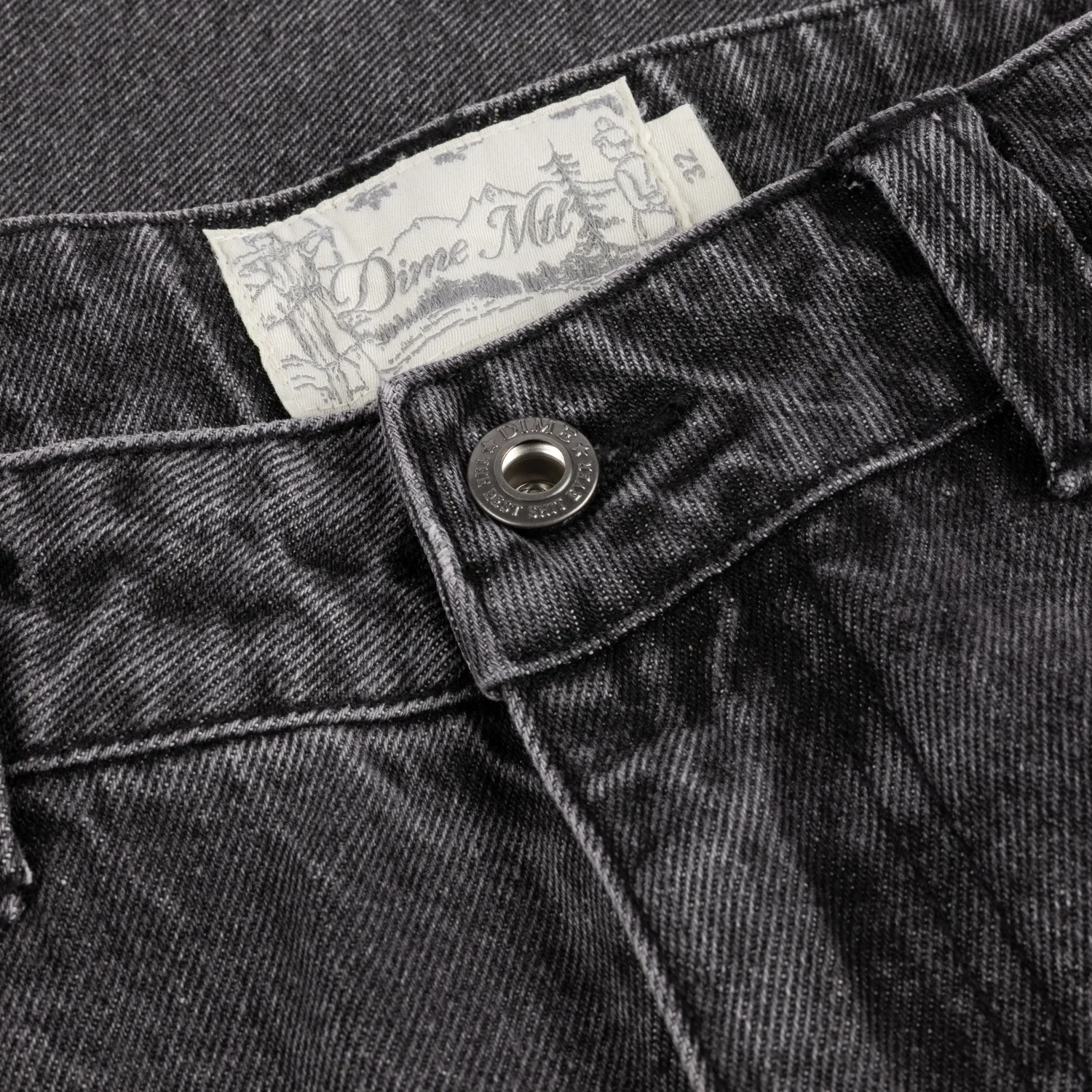 Relaxed Denim Pants Jeans, Schwarzer Denim, Baumwollstoff, Metallknopf