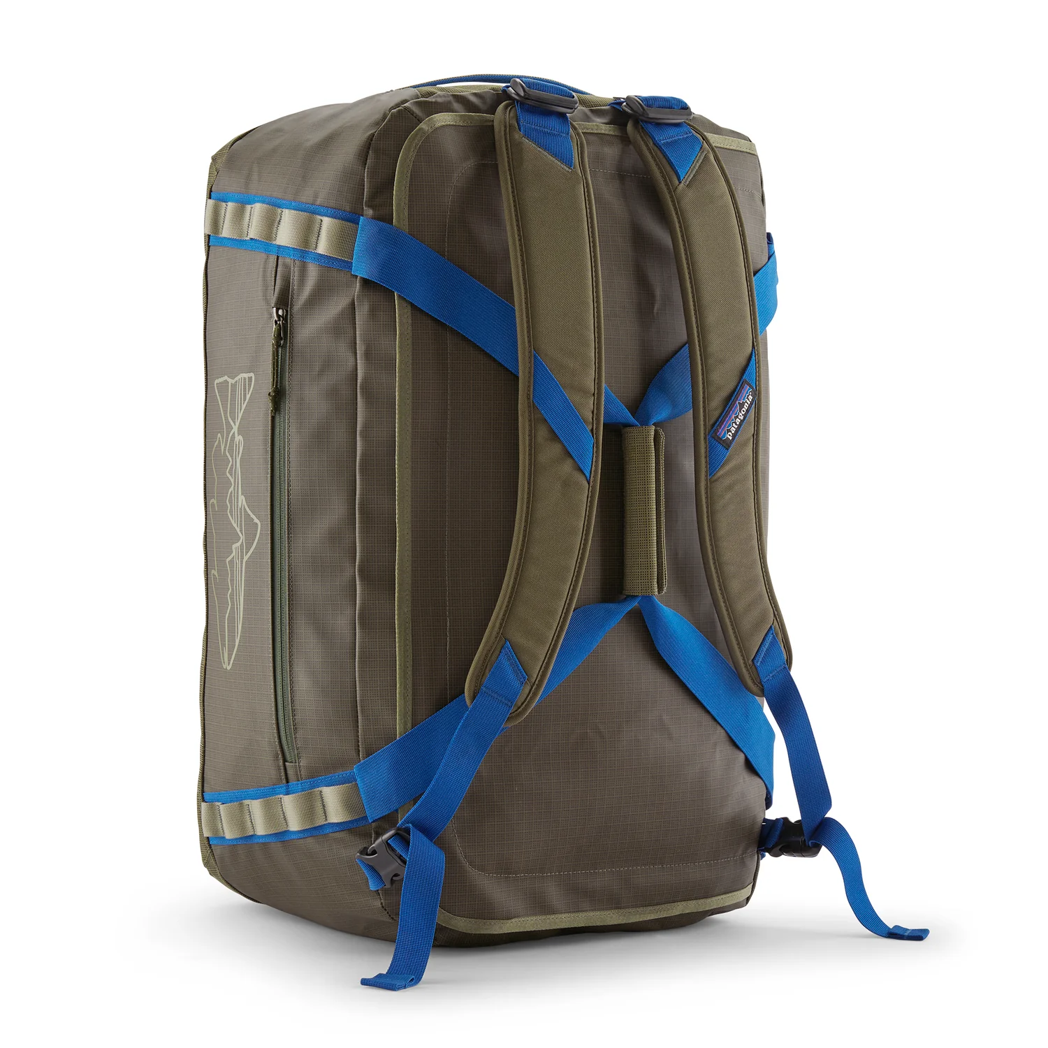 Rucksack, Olivgrün, Blaue Gurte, Reißverschlusstasche, Gepolsterte Schultergurte
