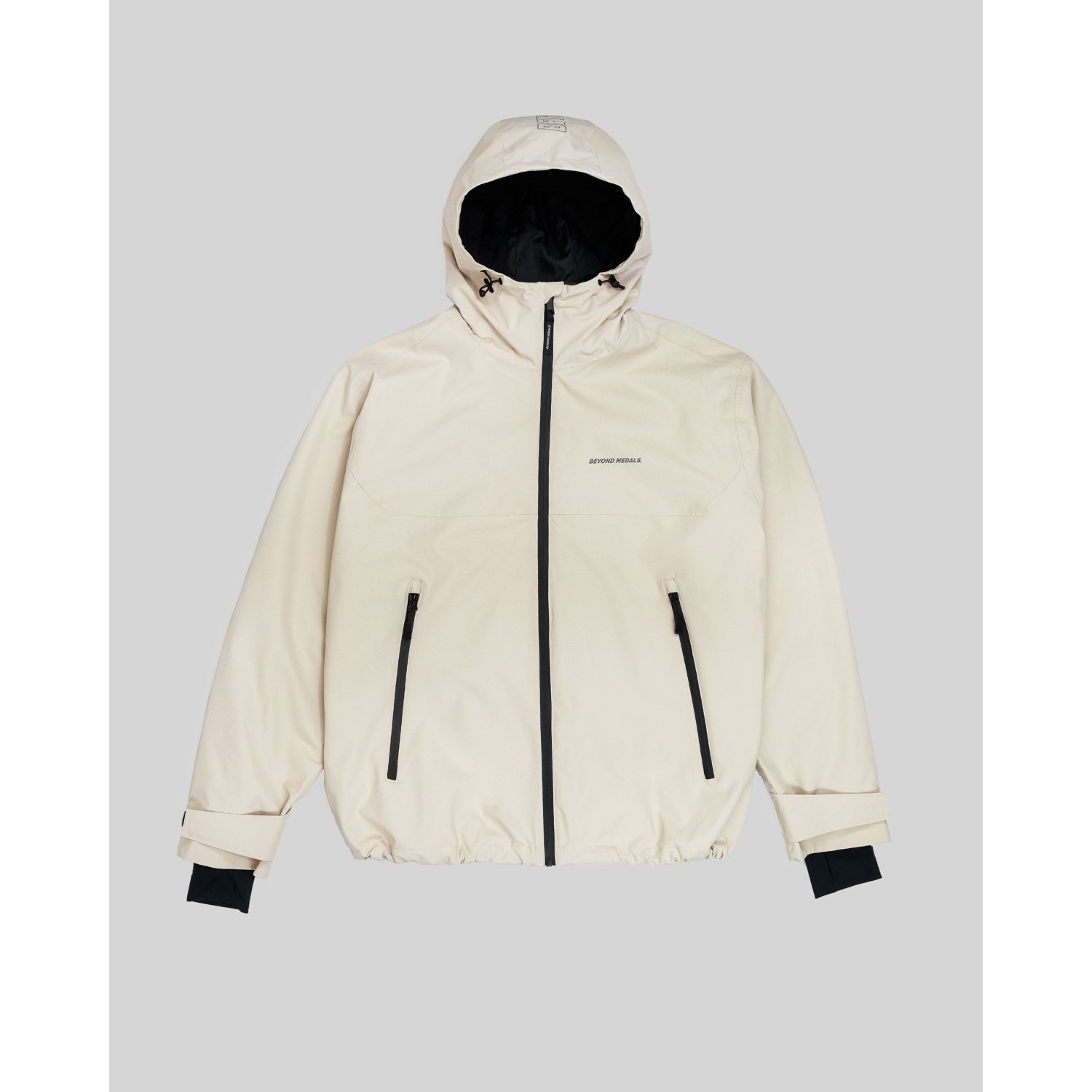 Veste imperméable, sweat à capuche, beige, fermeture éclair, poches zippées