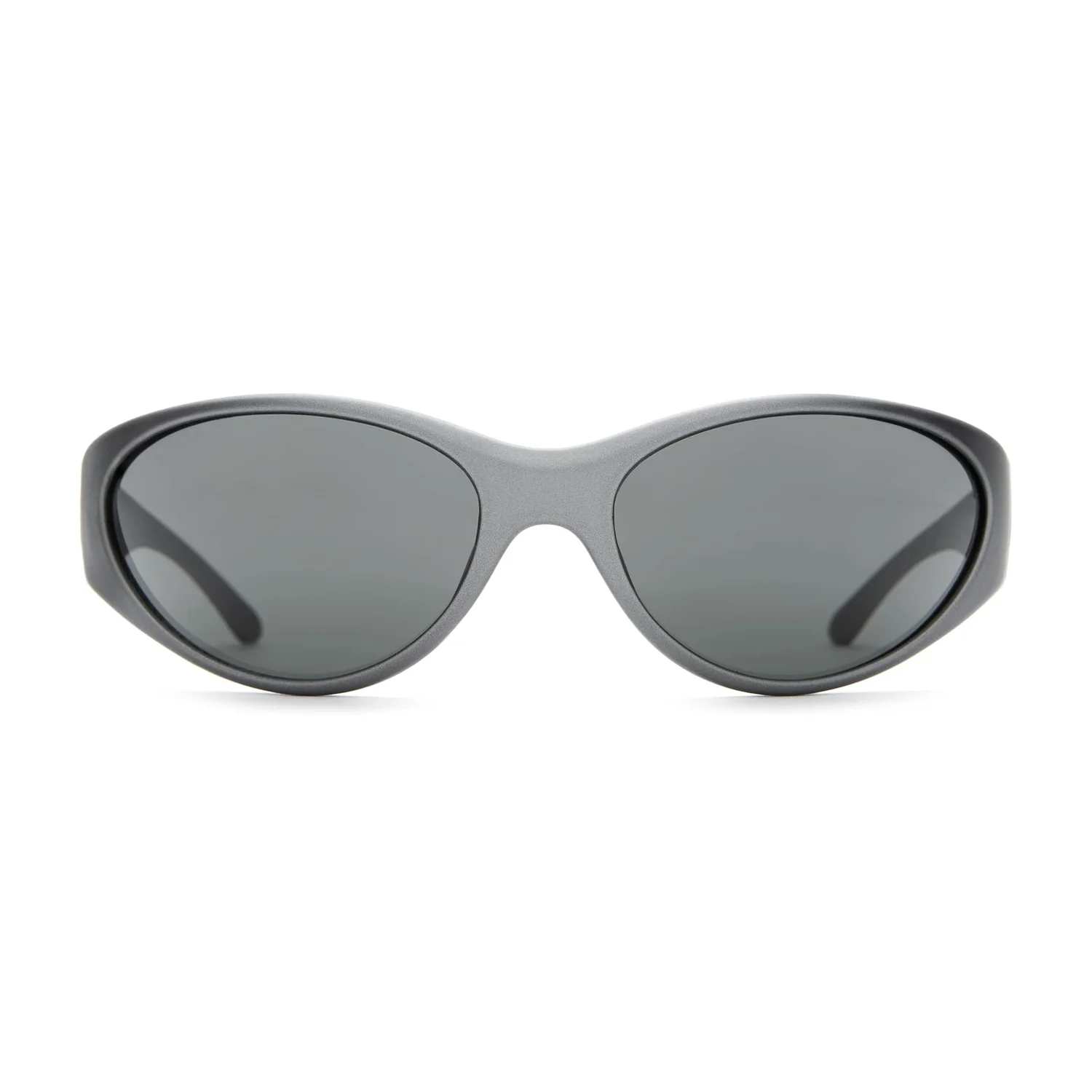 Sonnenbrille, graues Gestell, dunkle Gläser, ovale Gläser
