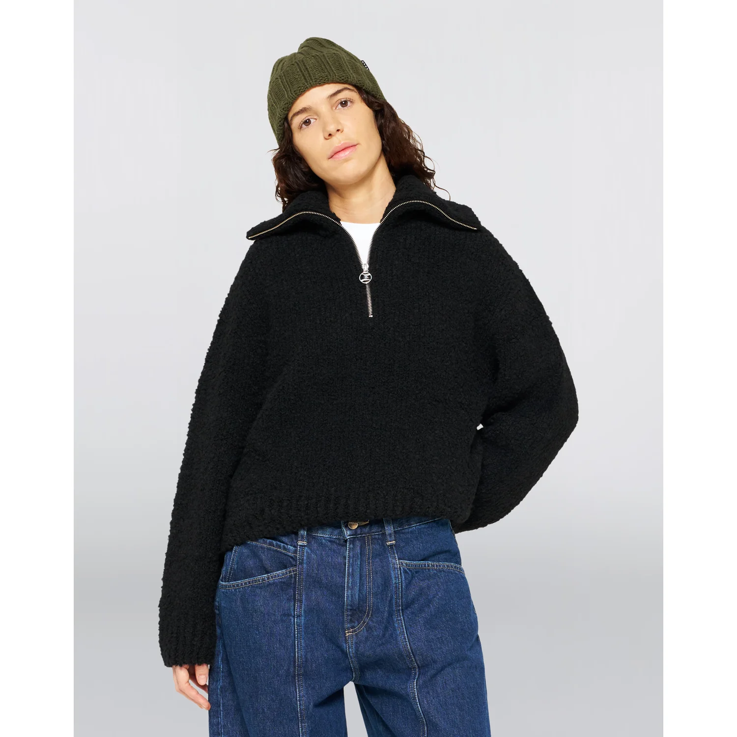 W' Neva Sweater Pullover, Schwarz, Teddyfleece, Stehkragen, Reißverschluss