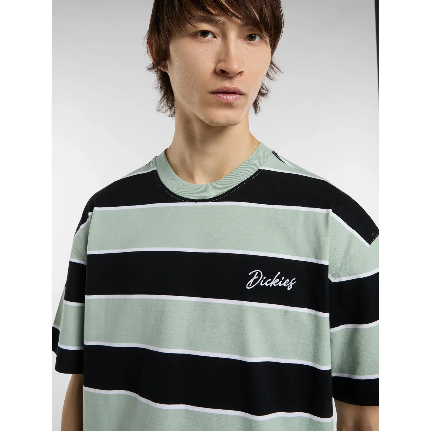 Embroidery Stripe SS Tee T-Shirt, Streifenshirt, Kurzarm, Rundhals, Logo-Stickerei, T-Shirt, Streifen, Kurzarm, Grün, Logo Dickies, t-shirt, Streifen, Olive, Kurzarm, Rundhals, gestreiftes shirt, kurzarmig, Rundhals, mintgrün, Logostickerei