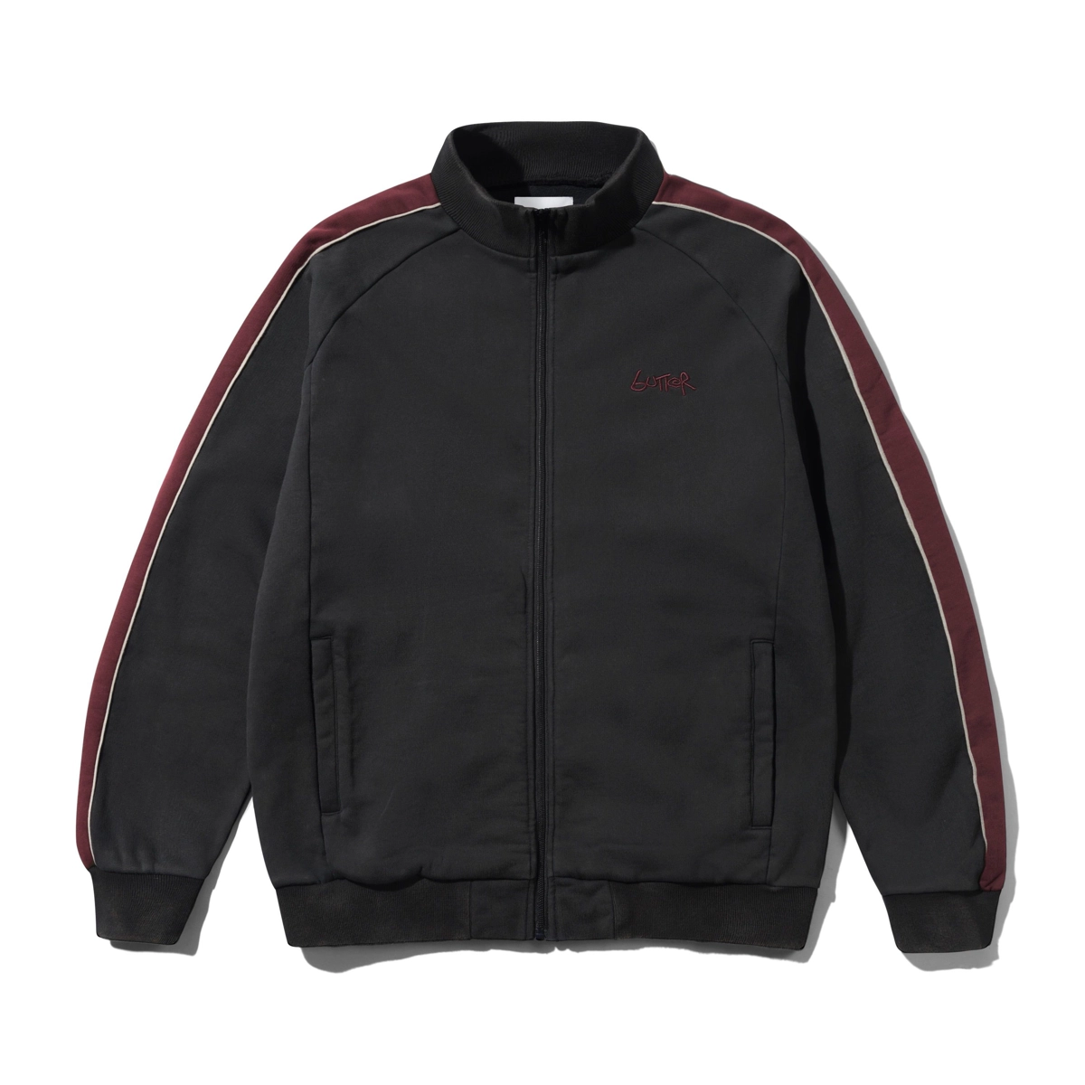 hoodie, Reißverschluss, schwarz, Stickerei, Logo, Bomberjacke, schwarz, Reißverschluss, Seitensstreifen, Maroon Streifen