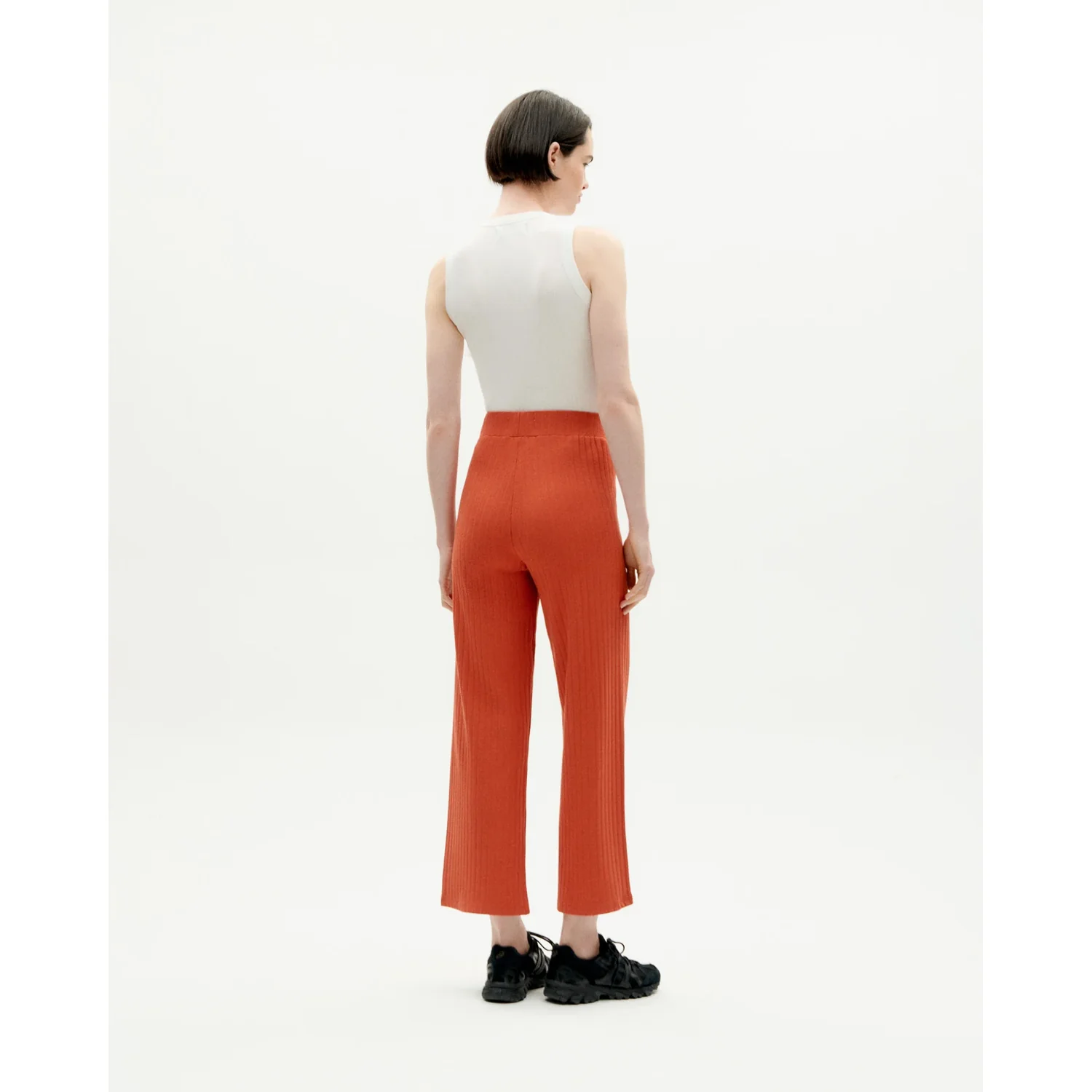 Pantalon pour femme, rouge rouille, maille côtelée, taille haute, coupe droite