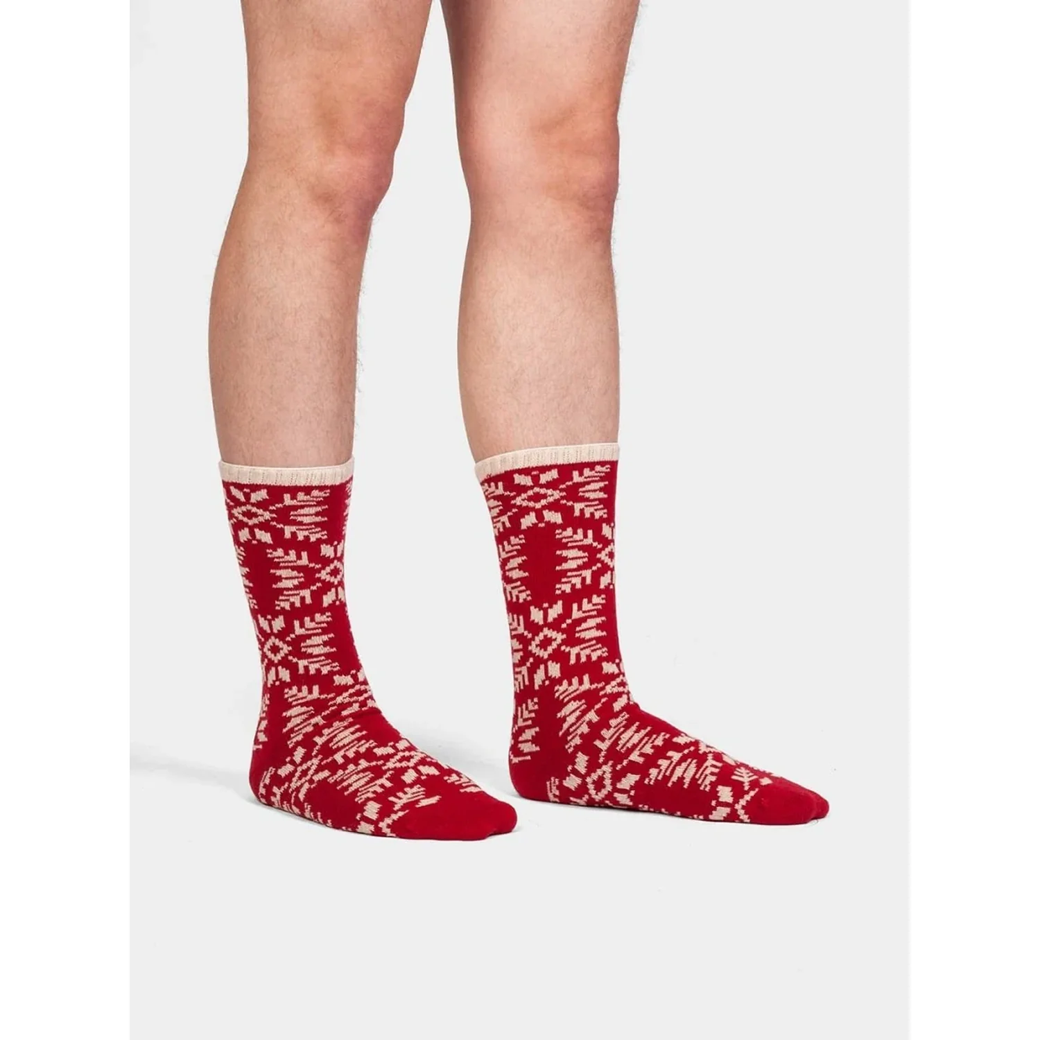 Chaussettes, rouges et blanches, motif flocons de neige, tricotées en rond, bord-côte