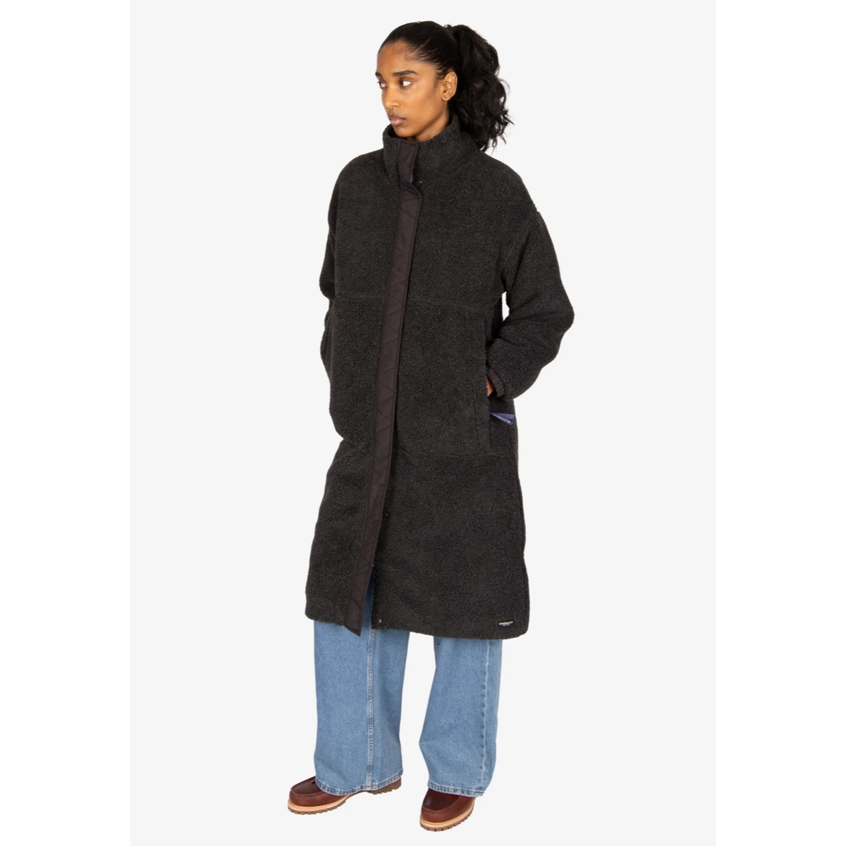 Fluffy Teddy Coat Überwurfmantel, Teddy-Mantel, Langer Mantel, schwarz, Taschen