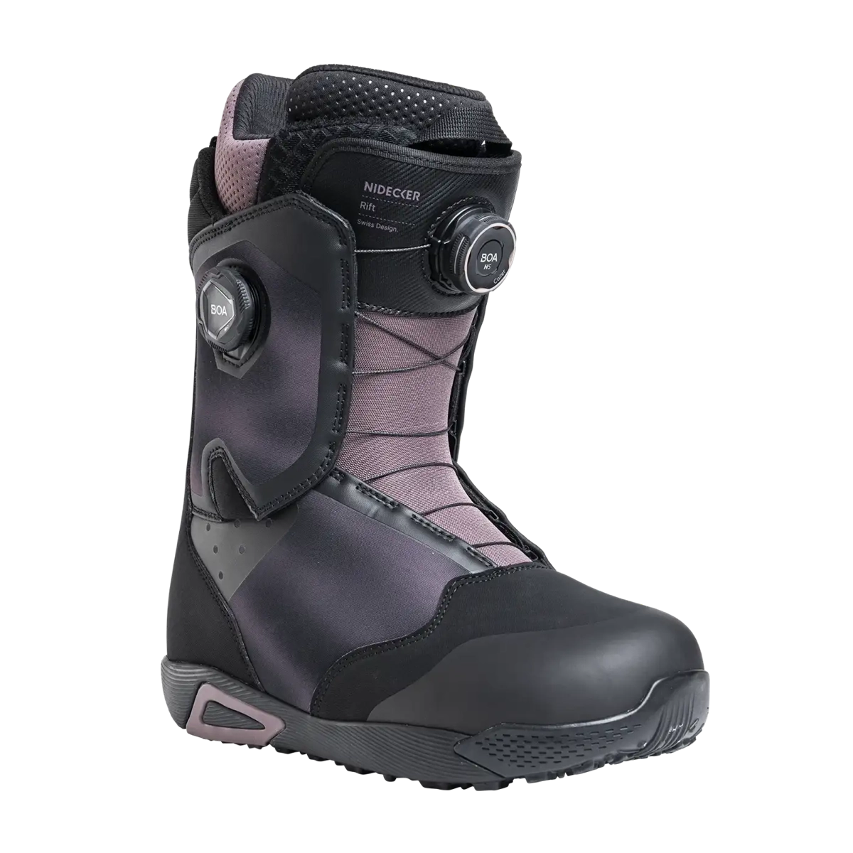 Chaussure de snowboard, fermeture à molette, laçage, maintien de la cheville, coloris violet-noir, chaussure de snowboard, système de fixation, molette Boa, gris-rose, imperméable