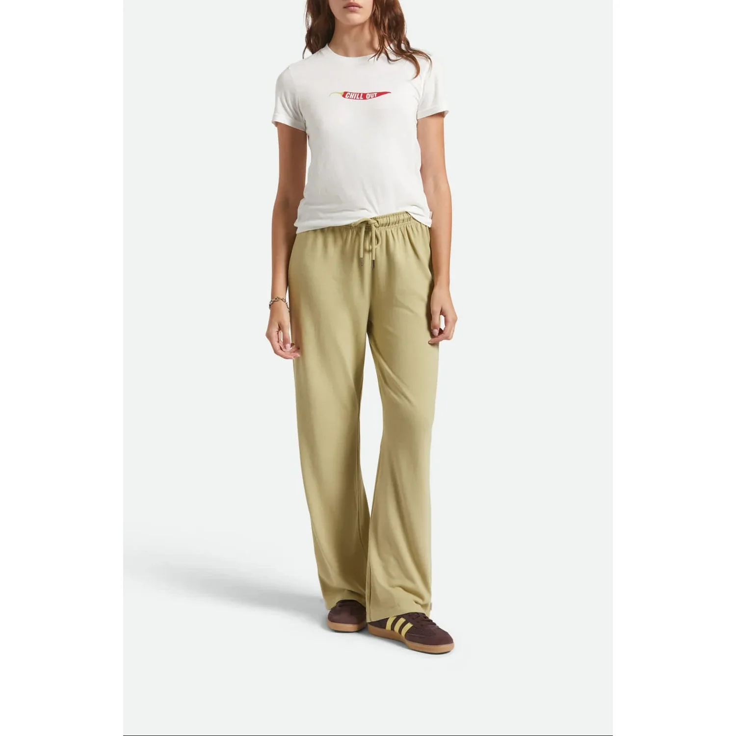 T-shirt femme, blanc, manches courtes, motif imprimé, pantalon ample