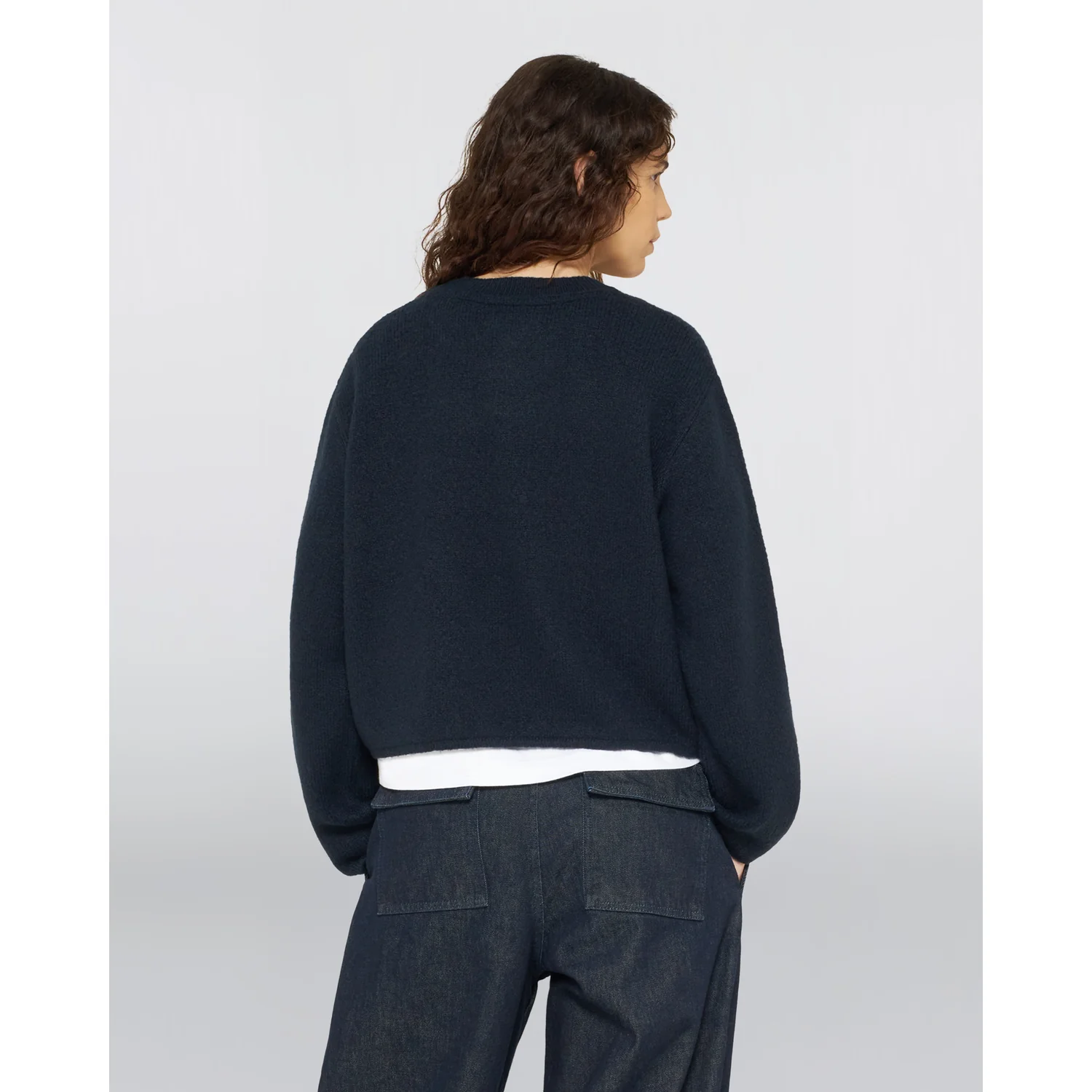 Strickpullover, Marineblau, Rundhalsausschnitt, Langarm, Kurzer Schnitt