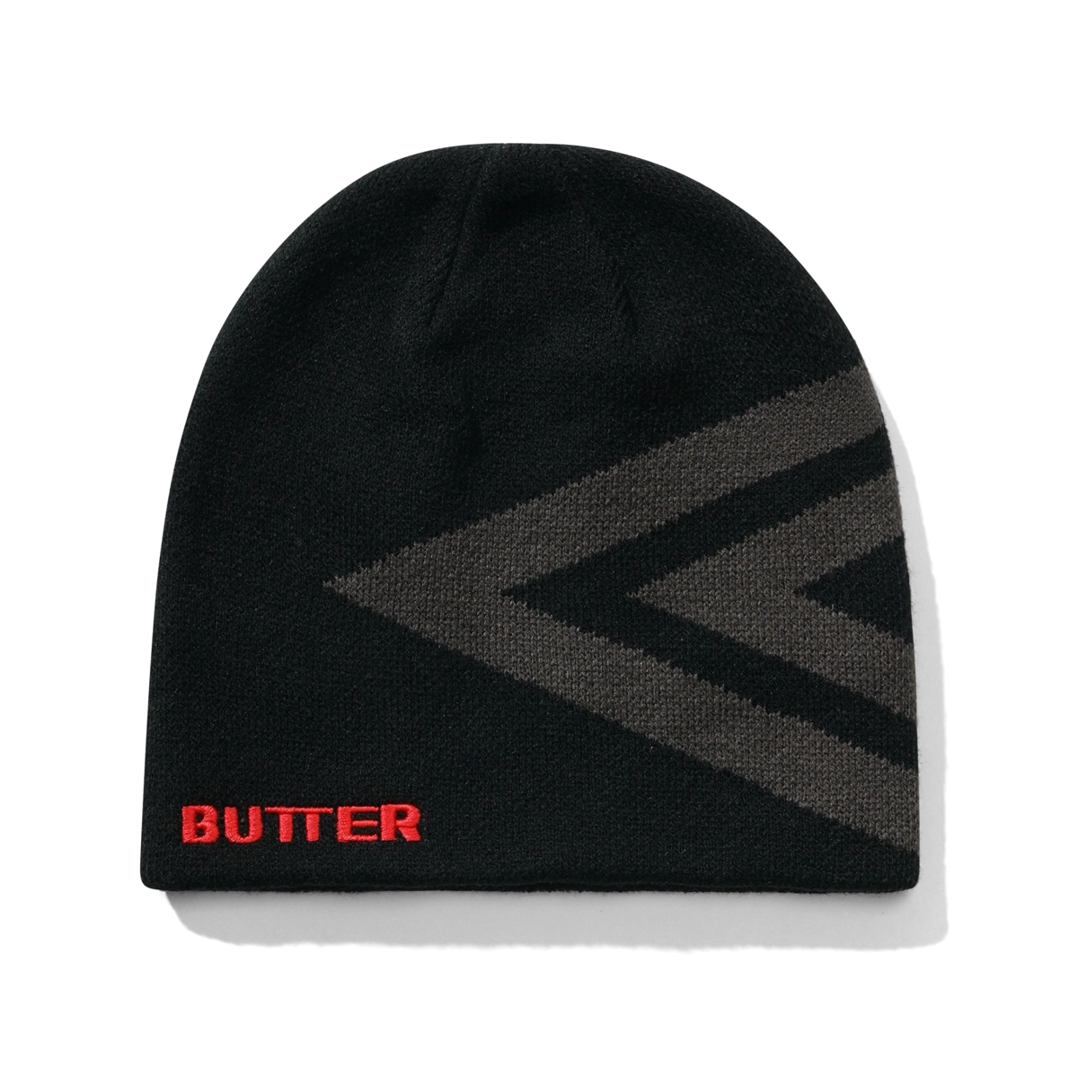 Mütze, Beanie, Schwarz, Graues Muster, Logo/Text ROT, Beanie, Wintermütze, Strickmütze, Schwarz, Geometrisches Muster