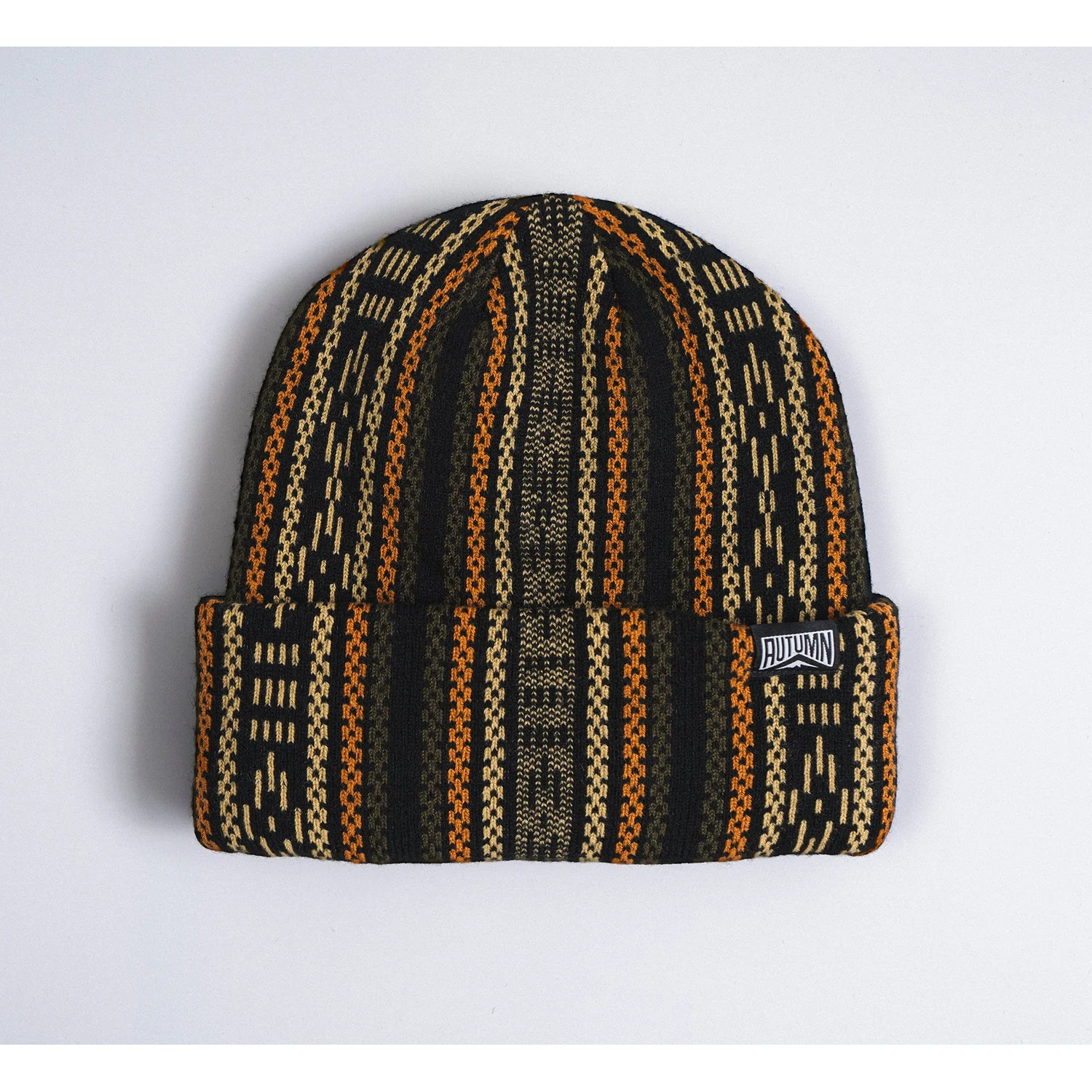 Bonnet en tricot, à revers, noir, motif rayé, motif orange-beige