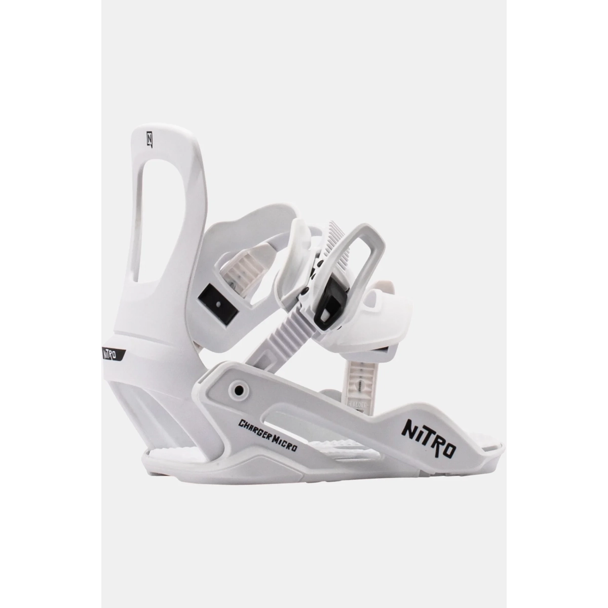 Charger Micro Box Kids Fixations de snowboard, système de fixation, annonce de snowboard, fixations Micro, fixations Nitro, fixation de snowboard, fixation polyvalente, couleur blanche, sangles réglables, Nitro Charger Micro