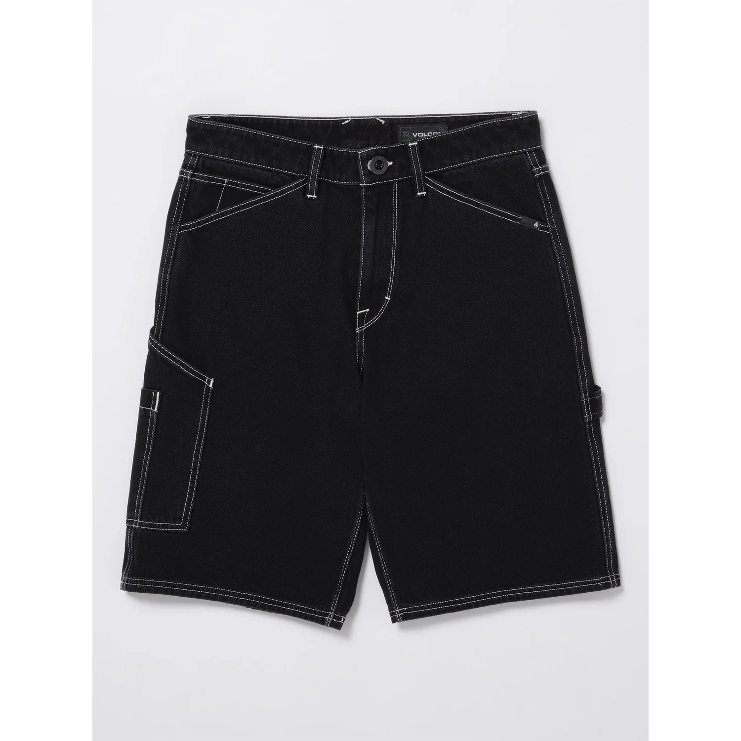 Jeansshorts, Schwarz, Kontrastnähte, Cargo-Tasche, Knielang