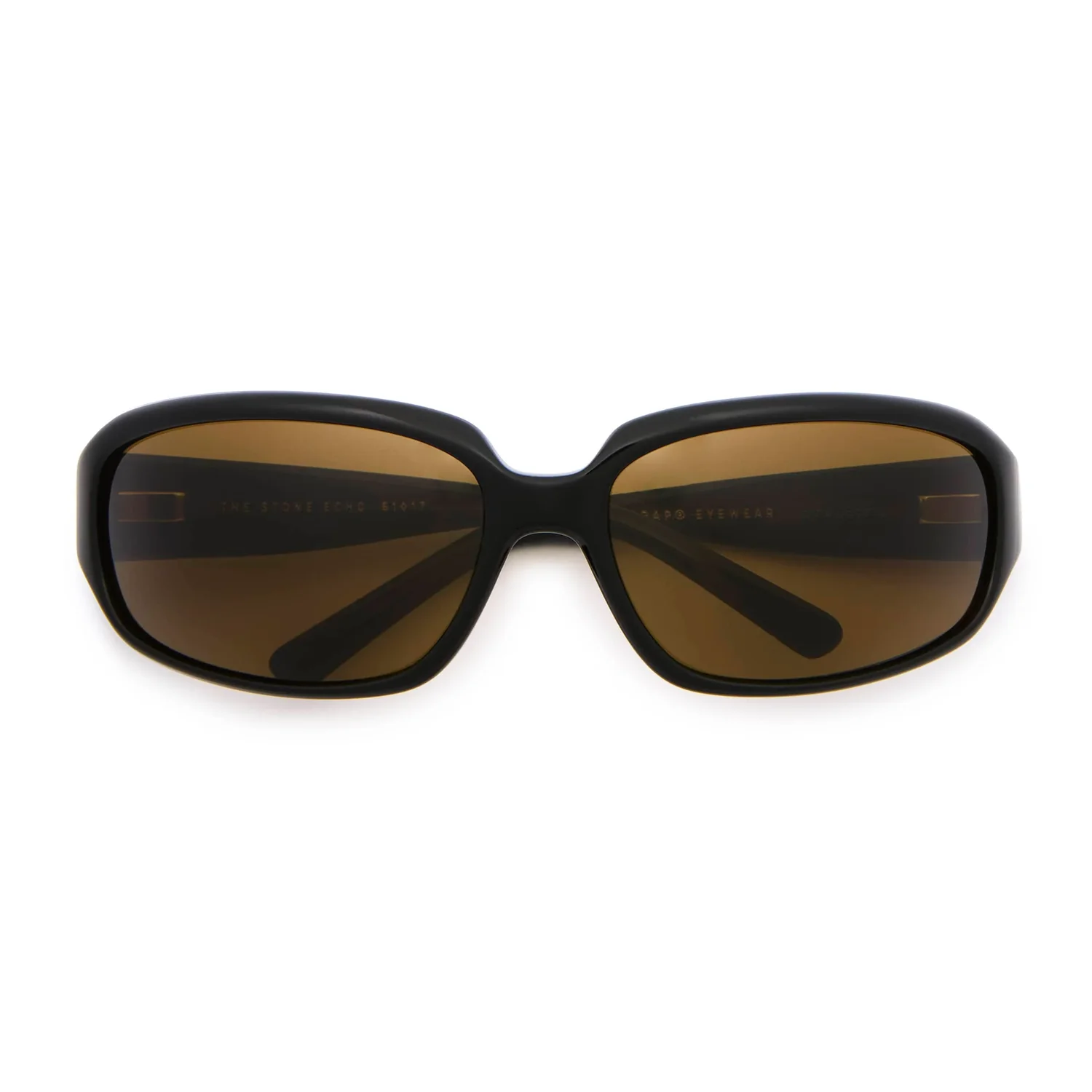 Sonnenbrille, schwarzer Kunststoffrahmen, braune Gläser, rechteckige Gläser, Vollrandfassung