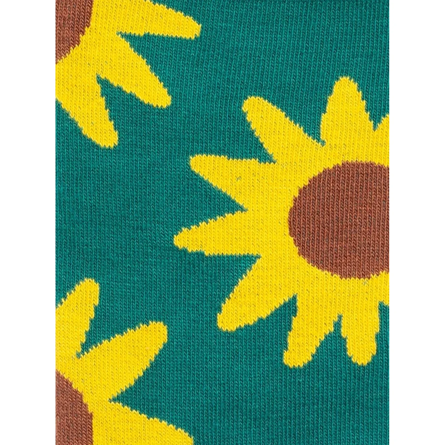 Tissu tricoté, motif tournesol, turquoise, jaune, marron