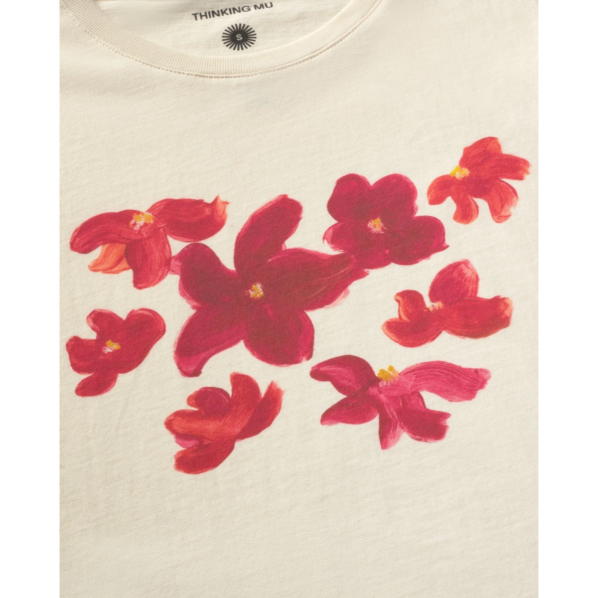 Blumen Muster, Rosenprint, Farbton Pink, Stofftextur, Hemd/Top Muster, T-Shirt, Blumenmuster, Beige/Elfenbein, Rundhals, Kurzarm