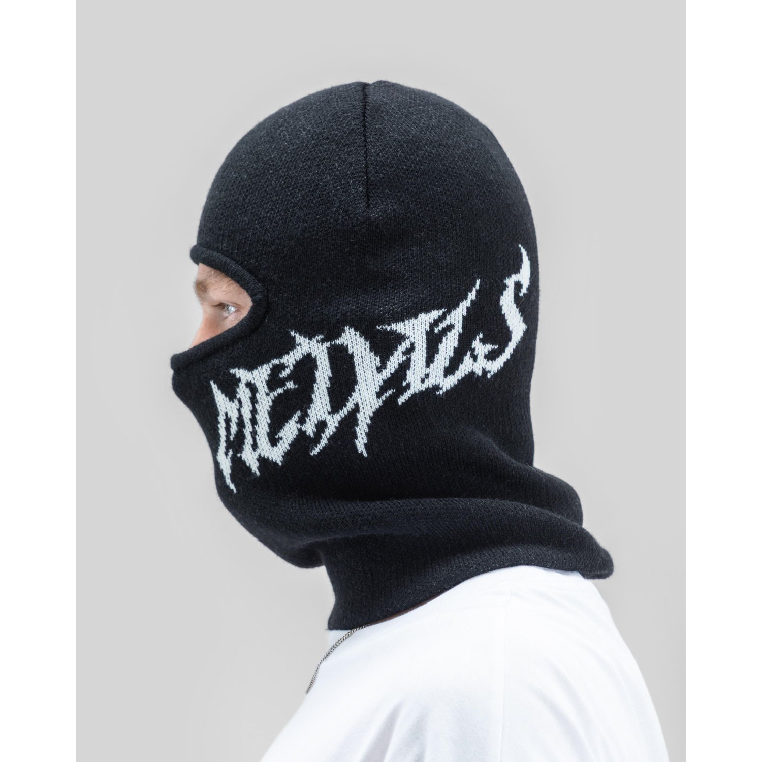 Jacquard Knit Balaclava Balaclava, Gestrickte Ski-Maske, Schwarz, Weißer Text, Gesichtsbedeckung