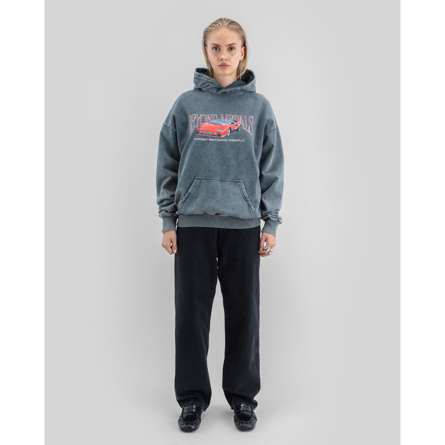 Premium Hoodie sweat à capuche, pull, motif graphique, voiture, bleu-gris