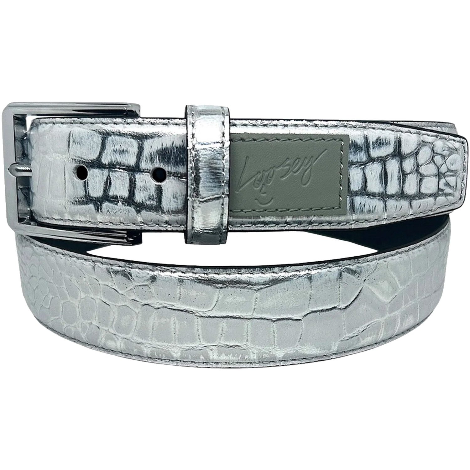 Premium Croc Ceinture, cuir, cuir de crocodile, boucle métallique, argent