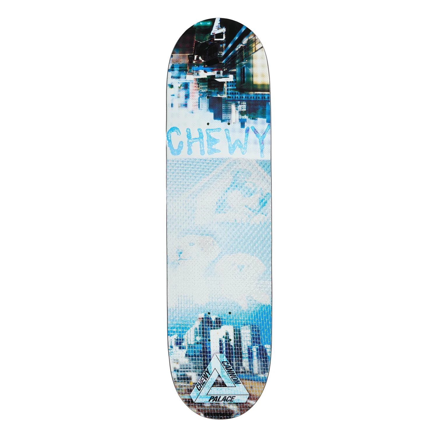 Chewy Pro S45 8.375 Planche de skateboard, motif urbain, bleu et blanc, planche en bois, impression graphique