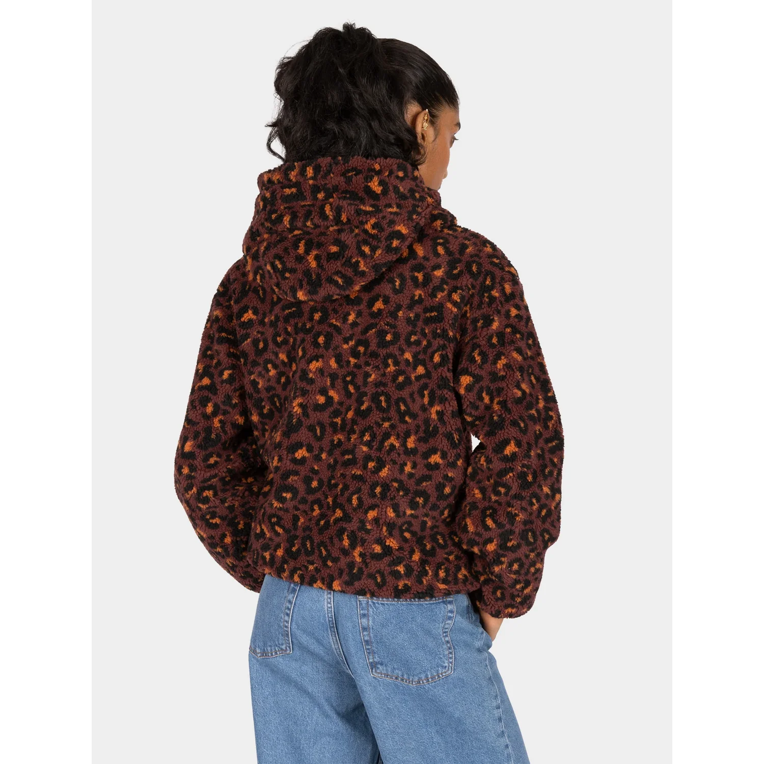 Veste polaire, motif léopard, capuche, manches longues, marron-noir