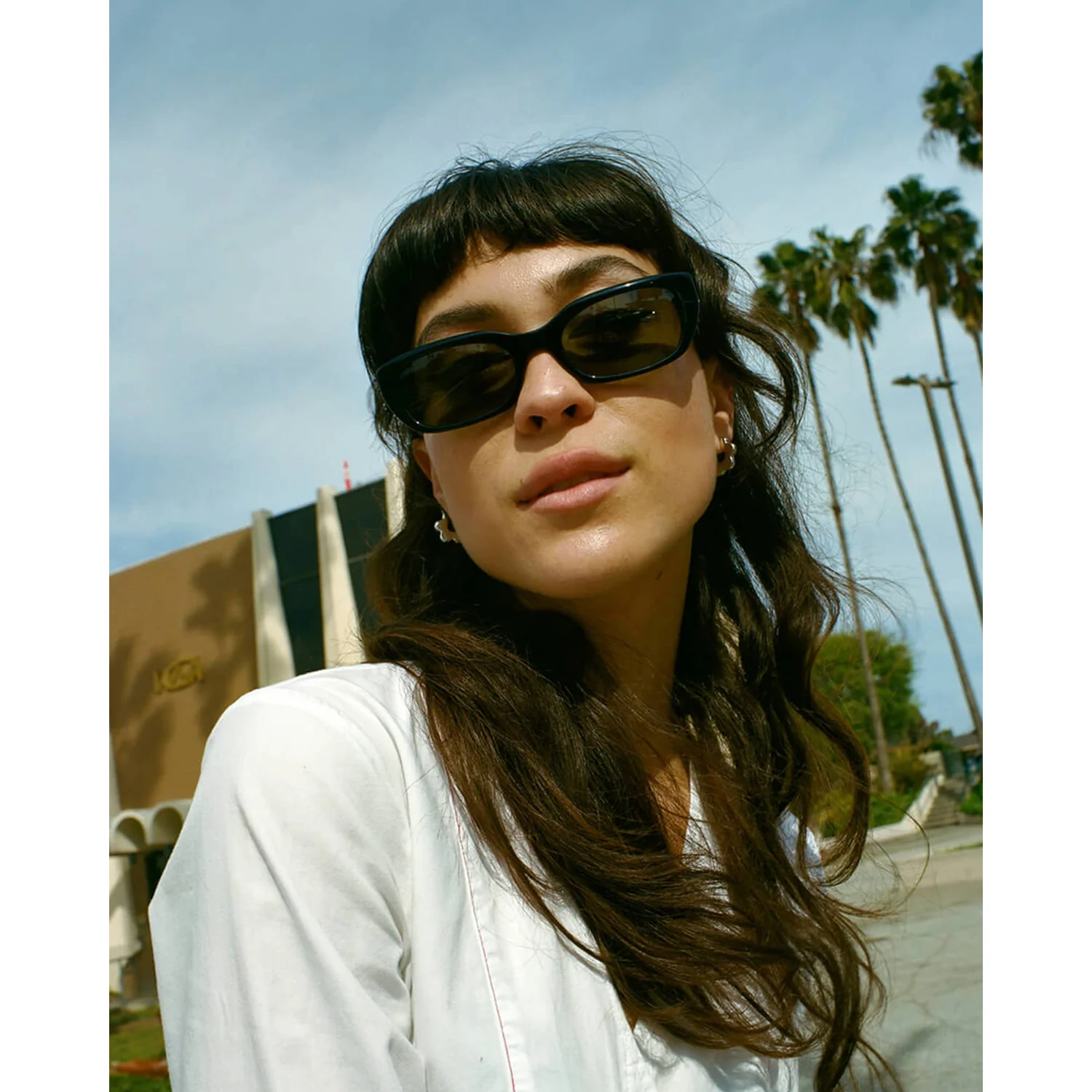 Sonnenbrille, schwarzer Rahmen, getönte Gläser, schmale Cat-Eye-Form