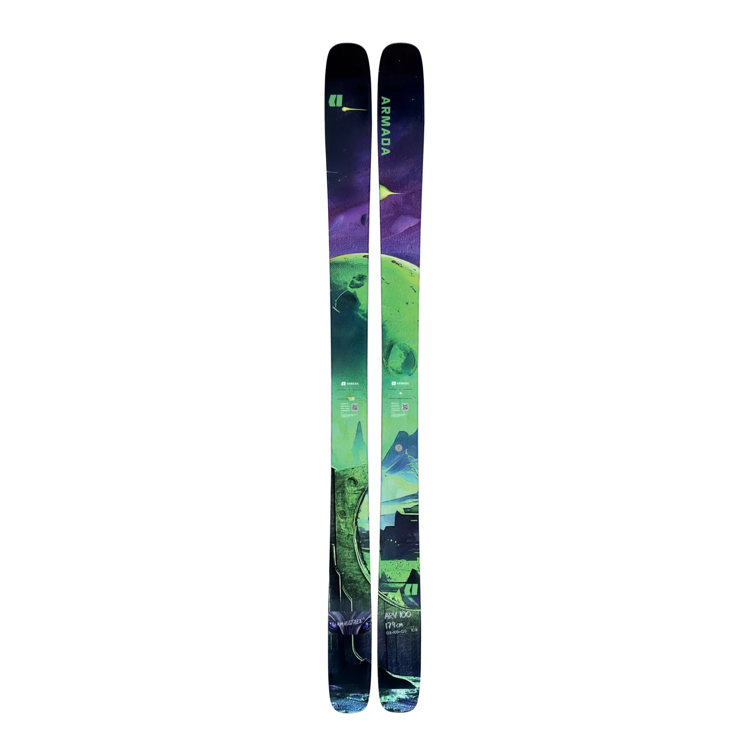 Ski, ski de freeride, twin-tip, vert-violet, motifs graphiques