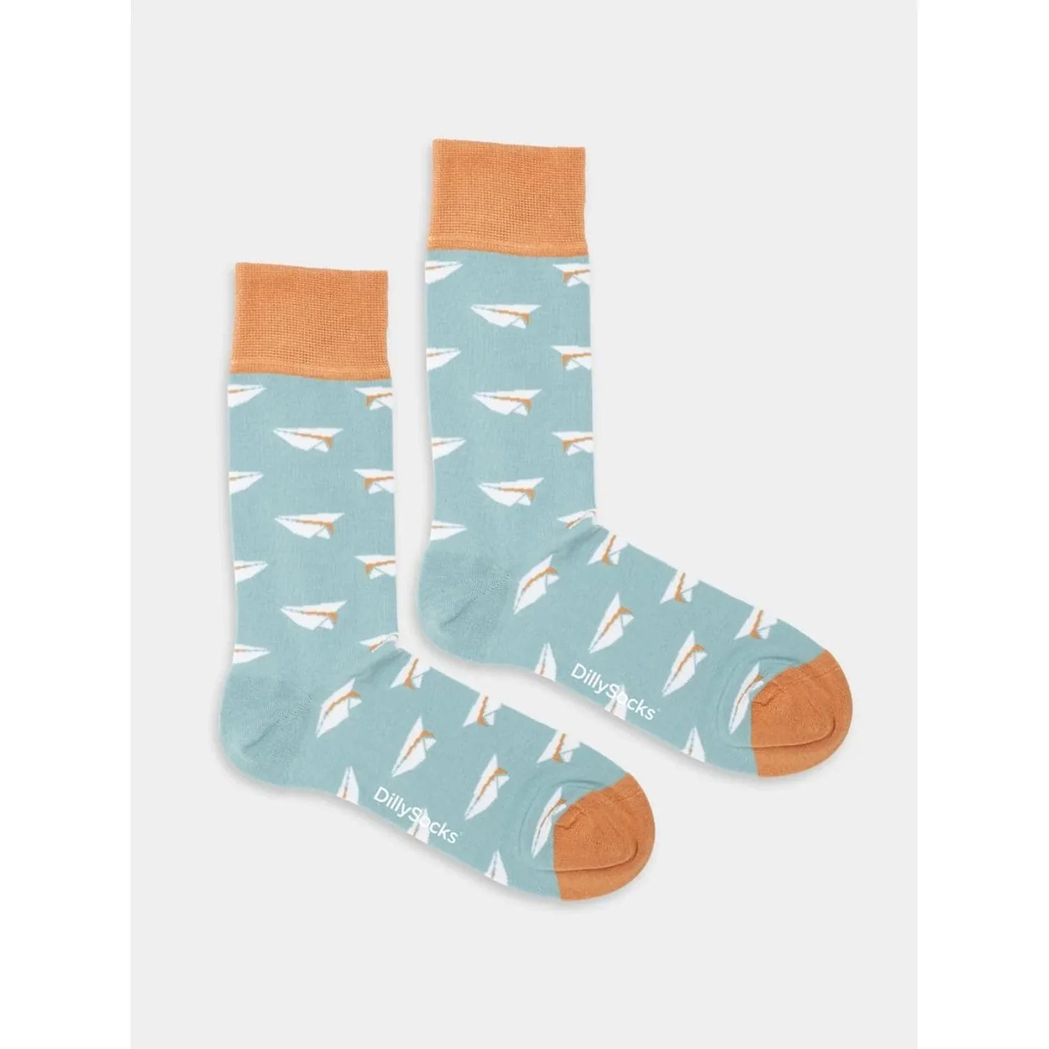 Folded Flights Chaussettes, motif « petits bateaux en papier », turquoise, bords orange, chaussettes mi-mollet