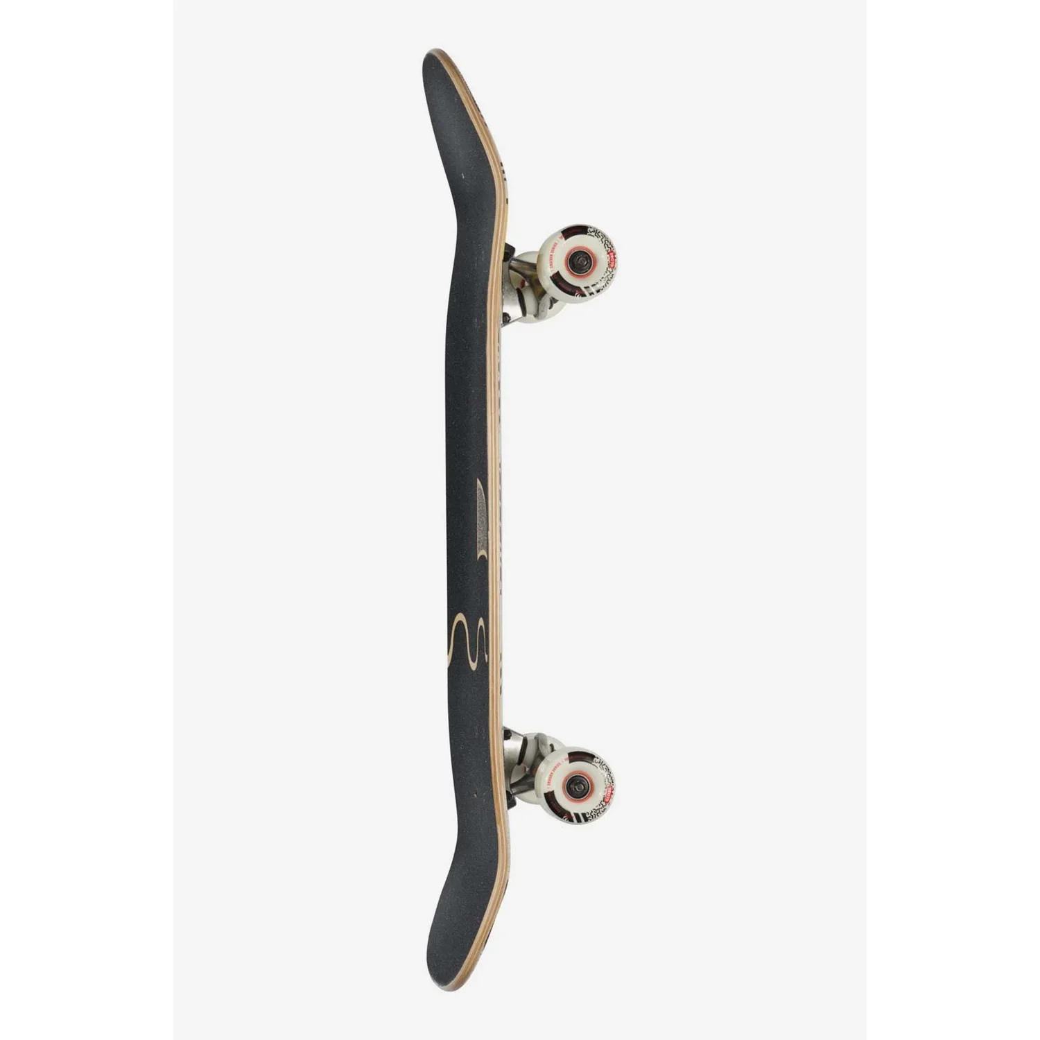 Skateboard, grip noir, planche en bois, roues blanches, entièrement monté