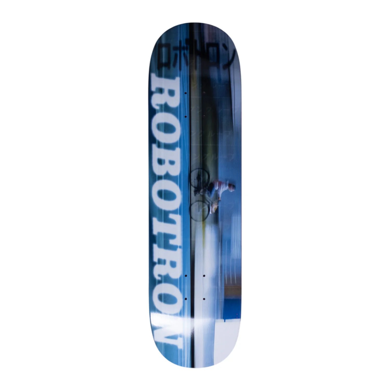  skateboard, graphic, blue, double-sided, river, photo, trick