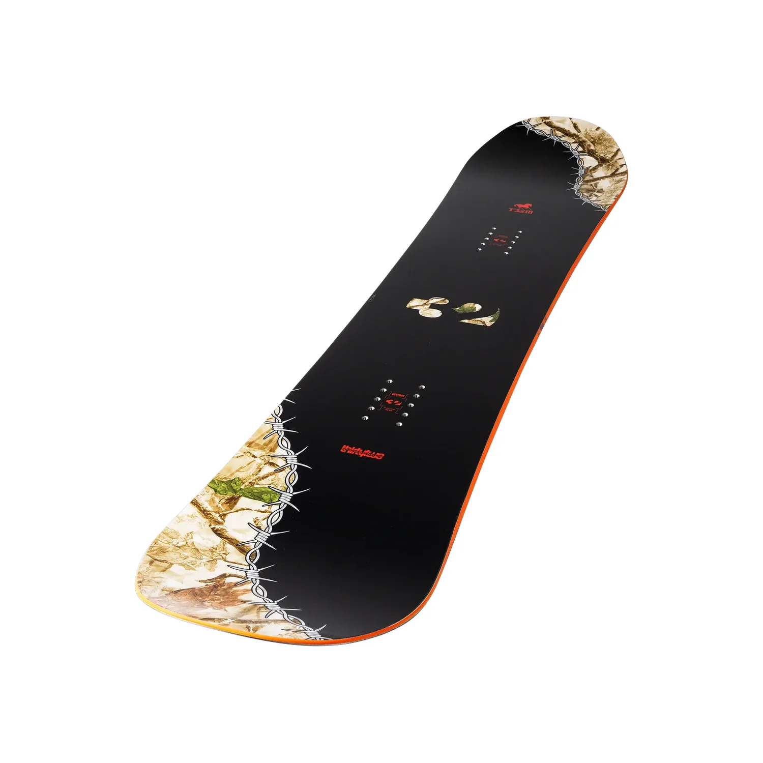 Snowboard, Schwarzes Deck, Tarnmuster, Orangefarbene Kante, Holzoptik