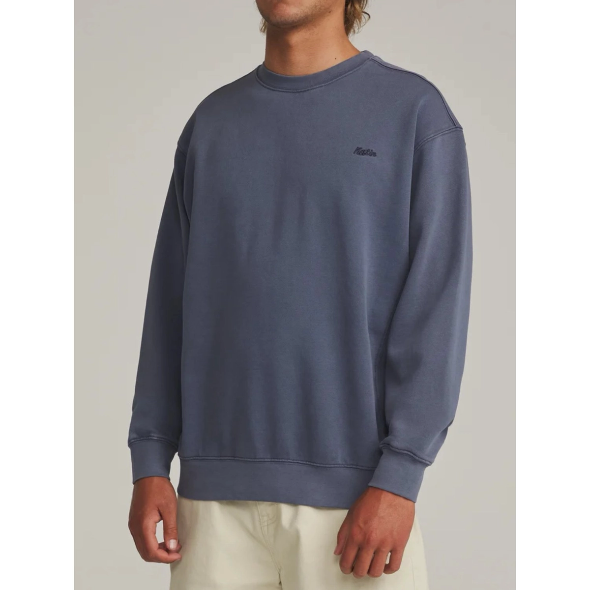 Embroidered Crewneck Sweat-shirt, col rond, manches longues, couleur unie, bleu-gris