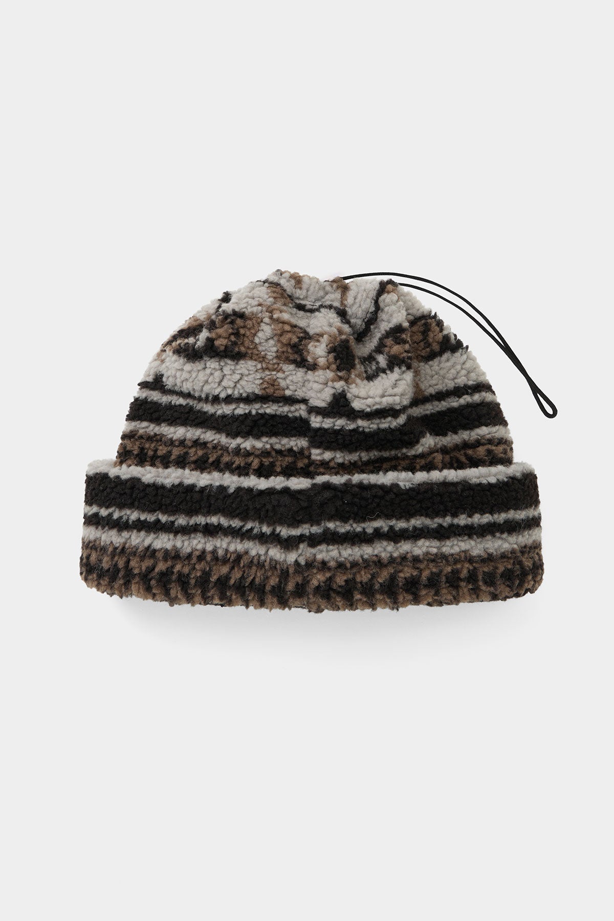 Bonnet, tricot, aspect fourrure, tricolore, cordon perforé avec étiquette