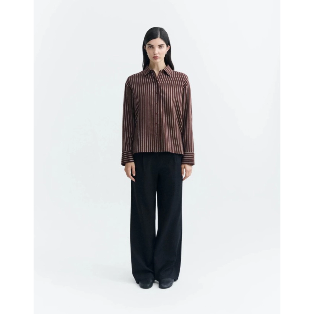 Chemise rayée, patte de boutonnage, manches longues, marron, pantalon ample