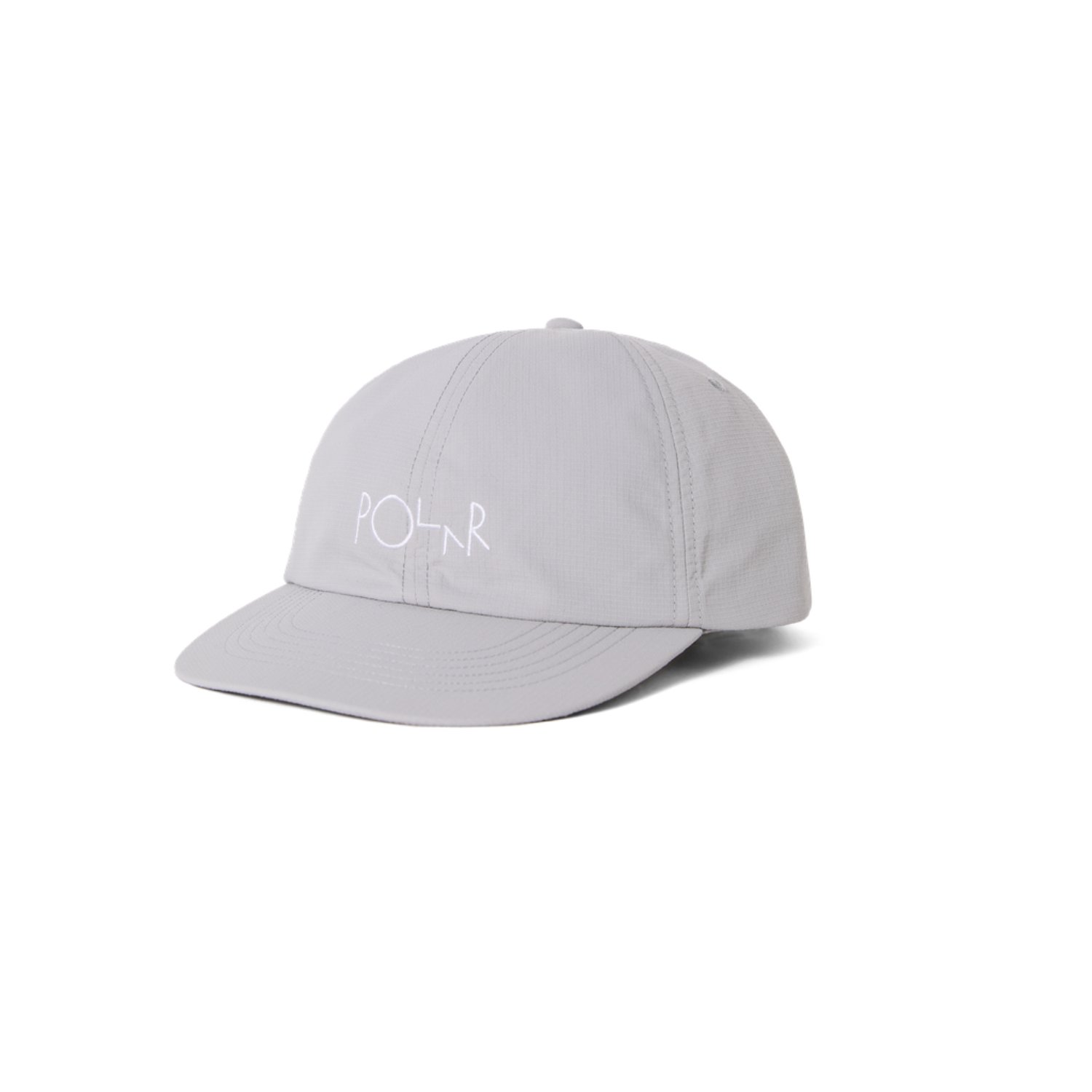 Casquette de baseball, grise, avec inscription brodée, à six panneaux, visière incurvée