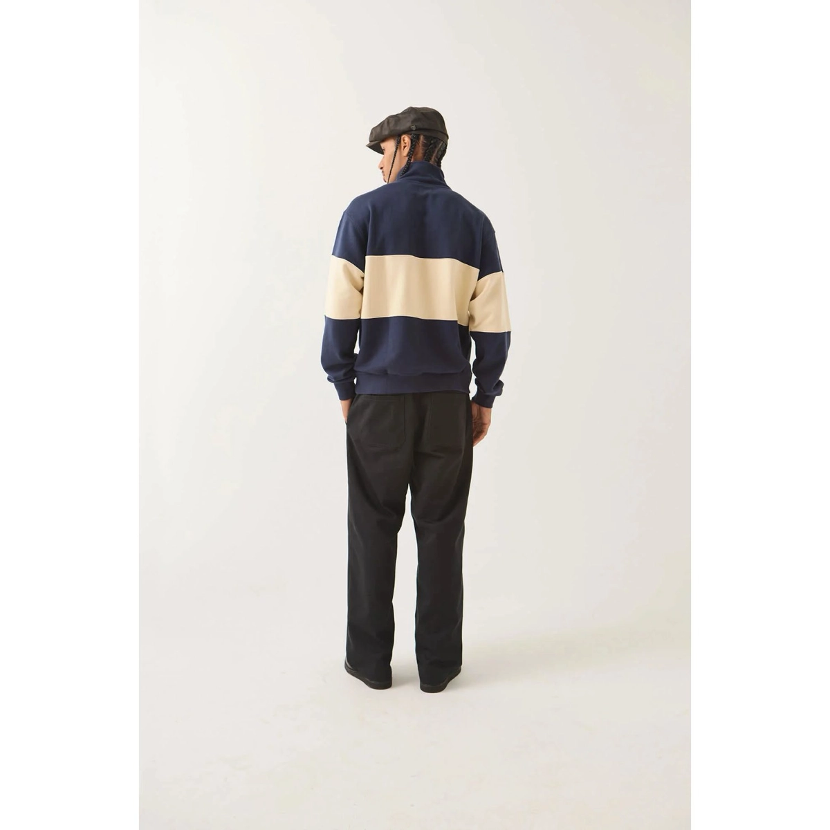 Danville Quarter Zip Fleece stripe-sweatshirt, color-block, navy-beige, long-sleeve, back-view, Sweatshirt, Colorblock, Navy blue, Beige stripe, Long sleeves