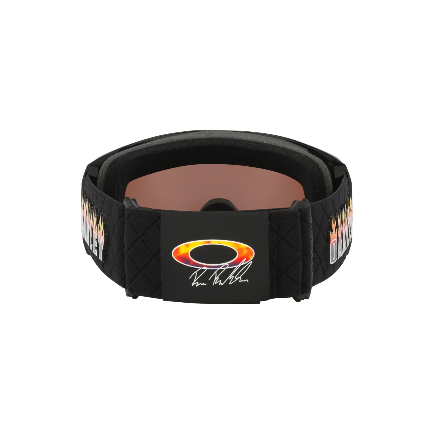 Lunettes de ski, monture noire, verres rouges, logo « Oakley », rembourrage en mousse