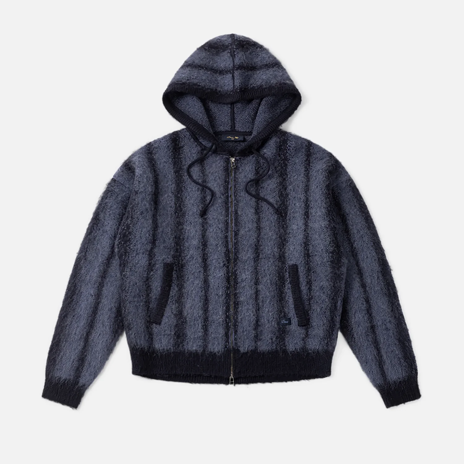 Mohair Striped Zip Hoodie Cardigan, capuche, fermeture éclair, gris chiné, bords-côtes