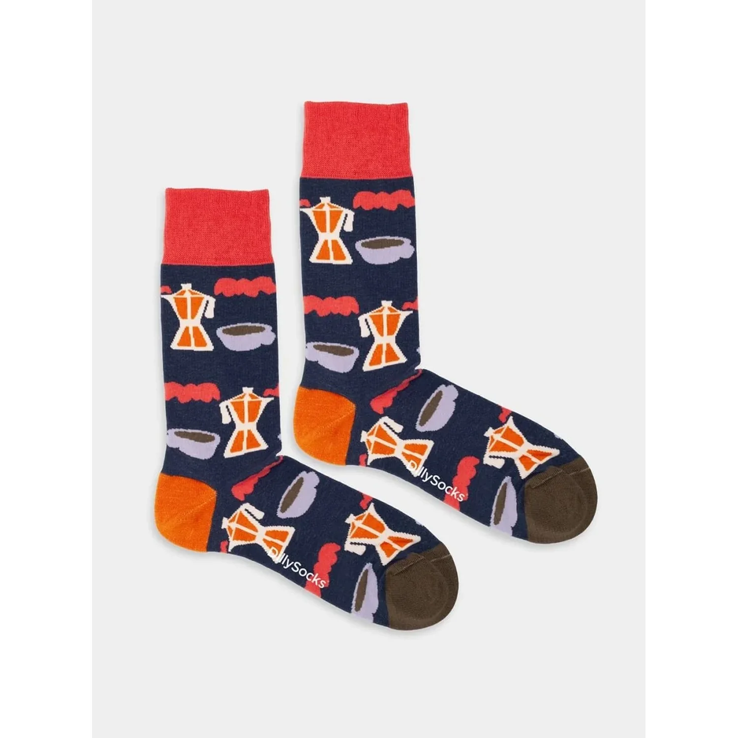 Chaussettes, motifs « cafetière », bleu marine, motifs colorés, tricot