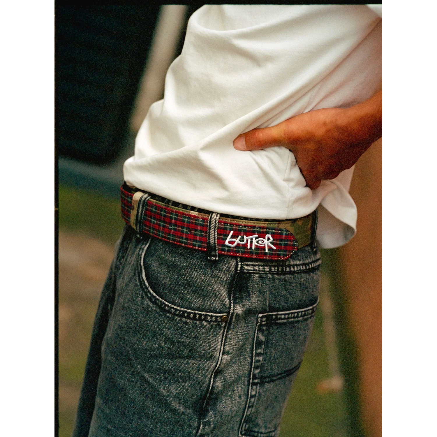 Gürtel, Tartanmuster, Rot-Schwarz, Textilgürtel, Jeans