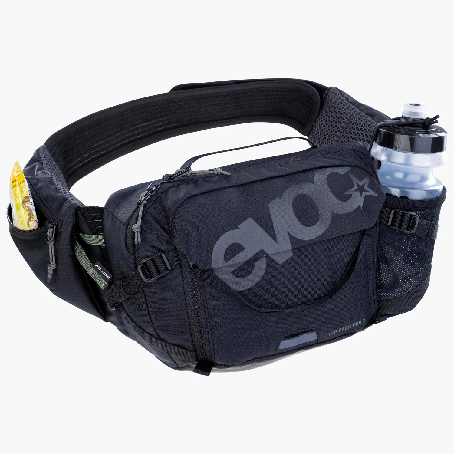 Sac banane, noir, porte-gourde, plusieurs compartiments à fermeture éclair, ceinture réglable