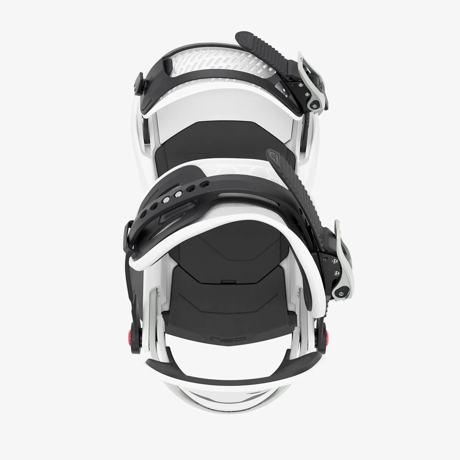 Snowboardbindung, schwarz-weiß, Ratschenverschluss, verstellbare Riemen