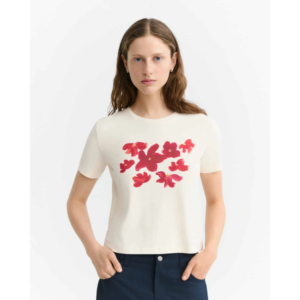 Zowie R Tee T-Shirt, Crew neck, Florale Druck, Beige, Kurze Ärmel, T-Shirt, Weiß, Roter Blumenprint, Kurzarm, Kleidung Damen
