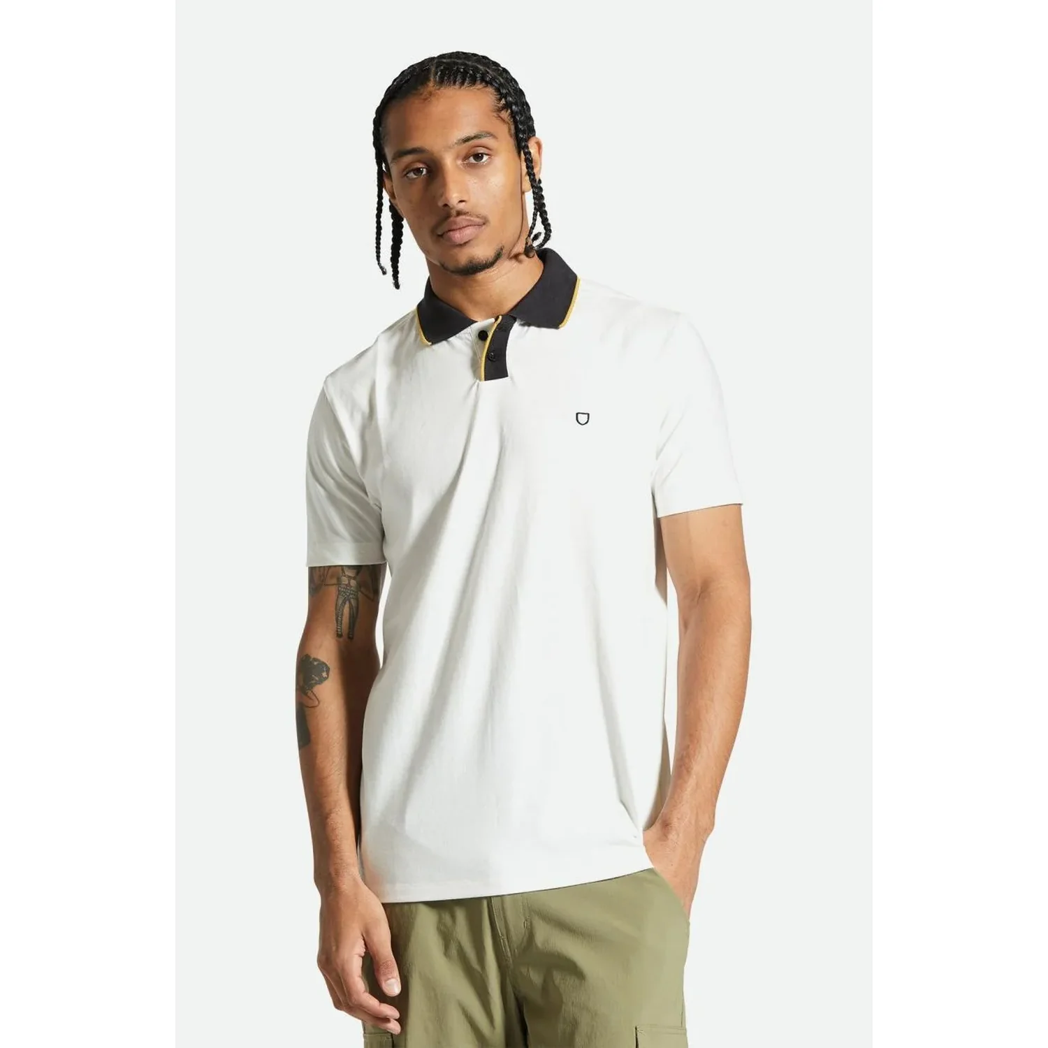 Mod Flex S/S Polo Knit Polo pour homme, manches courtes, blanc, col noir, passepoil jaune