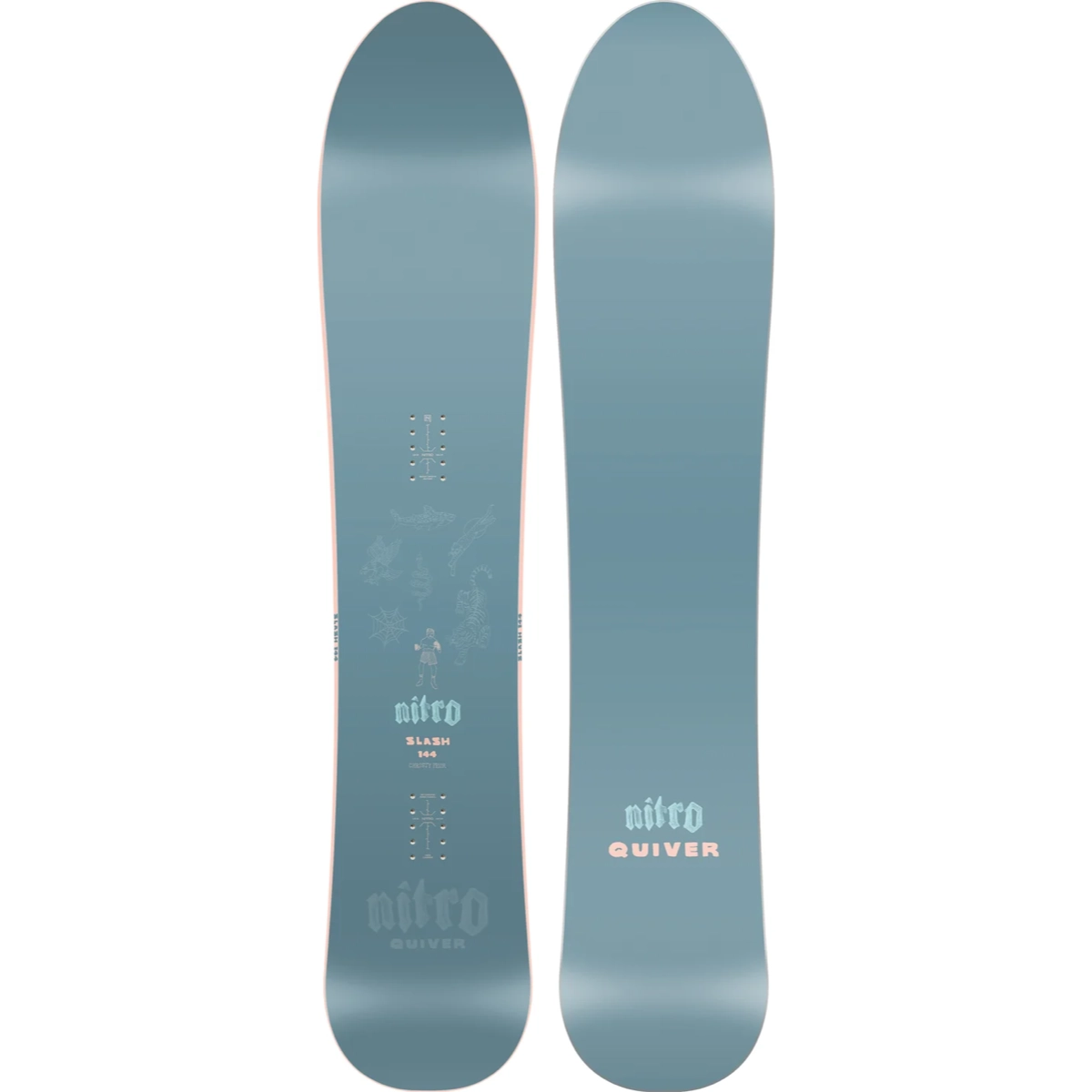 snowboard, dégradé_bleu, graphique, fixations, quiver Nitro, snowboard, poudreuse, bleu clair, quiver, Nitro