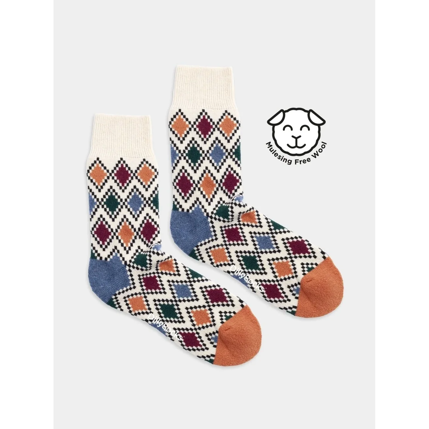 Extra Cozy Paul Chaussettes en laine, motif en losanges, multicolores, bord-côte, laine issue d'élevages sans mulesing